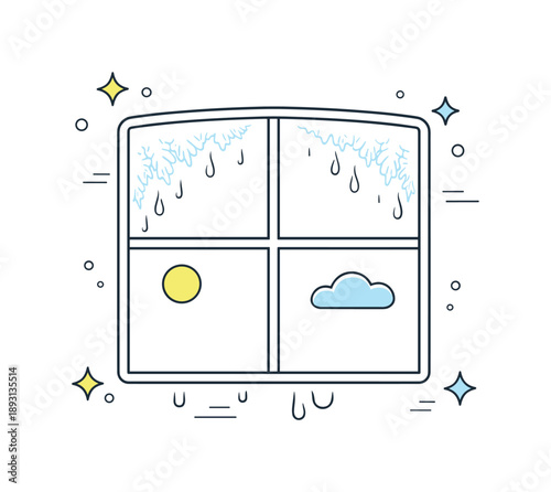 Melting Frost Artistry. Frost Disappearing from Windows. Decorative window pane with fading icy textures and subtle motion lines indicating melting. Clean