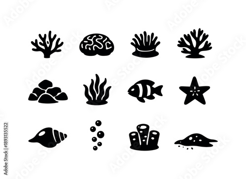 Underwater Icon Set. Underwater Coral Garden. Solid icon set of Underwater Coral Garden: coral branch, brain coral, sea anemone, soft coral fan, reef rock,