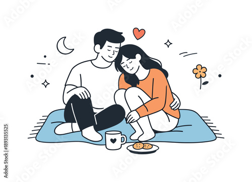 Cozy Couple Moment. Love and relationship cozy scene. A scene of a couple sitting on a couch, blanket, or picnic blanket, sharing a quiet moment together.