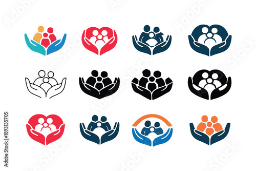 Family Support Icons. Family support systems in times of crisis. Icon set. Set Logo of family support systems in times of crisis: hands cradling parents and
