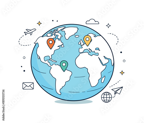 Global Connection Vector. Global geography concept. Stylized globe with minimal continents and location markers, conveying global awareness and connection.