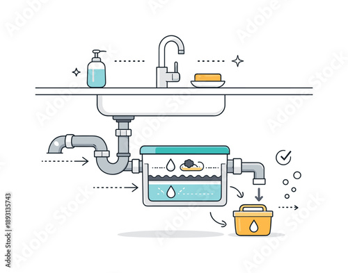 Minimalist Grease Trap Design. Under-sink grease trap solution. A compact grease trap installed beneath a sink in a minimal interior context. Practical