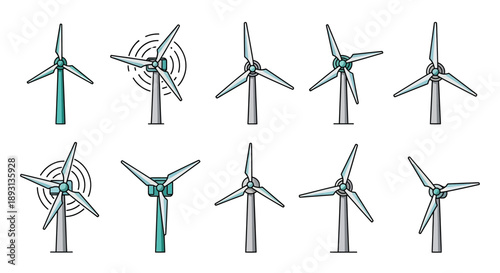 Collection of clean renewable wind energy turbine icons, isolated white background