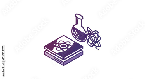 Isometric science and research education concept with flask, atom, gears, and book, isolated white background