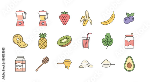 Healthy fresh food ingredients and kitchen appliances collection, isolated white background