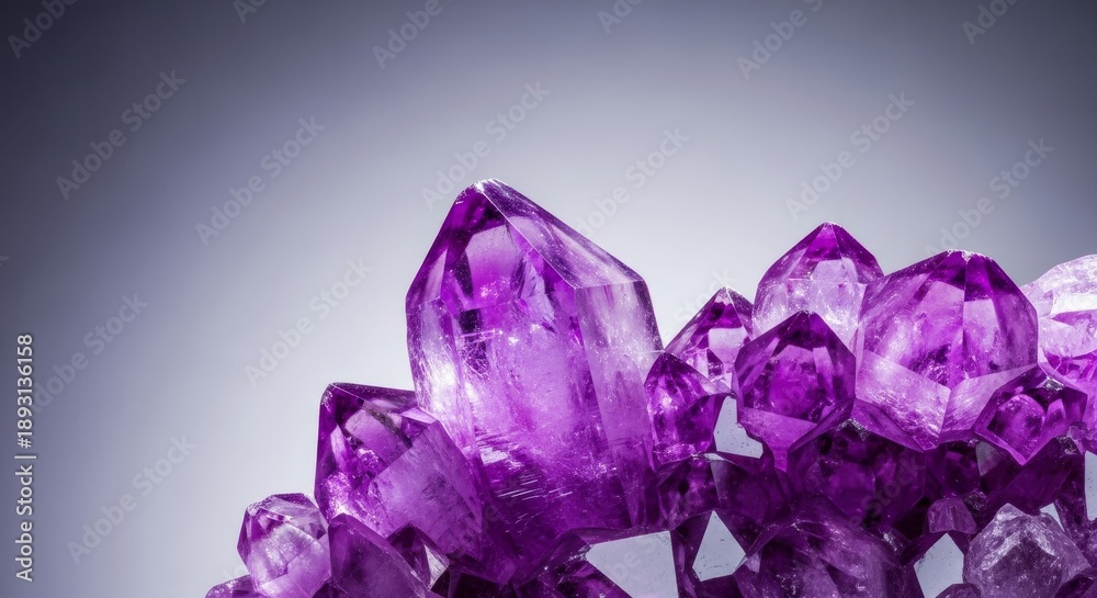 Fototapeta premium Extreme macro close-up of sharp, purple quartz crystals showing natural facets, deep color saturation, and sparkling internal light refraction, crystal, rough, color