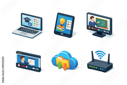 Digital Education Icons. Digital Education. Isometric flat vector icons set of Digital Education: laptop, tablet, online course screen, video lesson player,