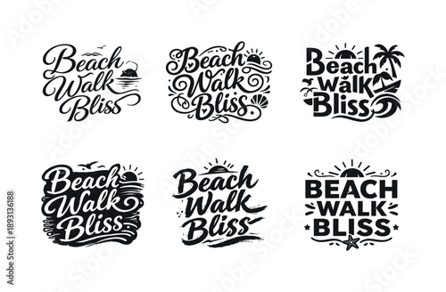 Beach Walk Lettering. Beach walk bliss. Set lettering. harmonious lettering variations of the same emblematic concept, each with different artistic