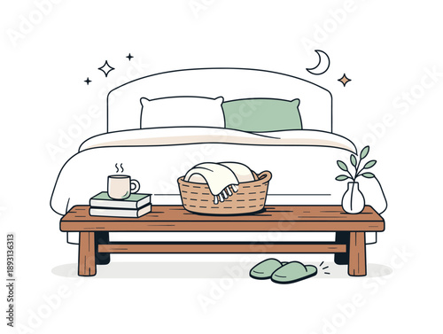 Rustic Bedroom Serenity. Quiet bedroom styling detail. A rustic wooden bench anchors the space at the foot of the bed, suggesting everyday practicality and