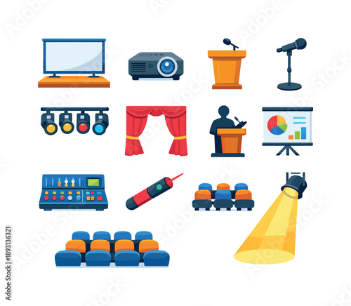 Stage Presentation Icons. Stage presentation. Colorful flat vector icons set of stage presentation: stage screen, projector, podium, microphone stand, stage
