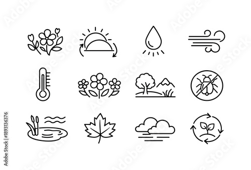 Beekeeping Icon Set. How bees make honey. Line icon set of environmental factors: blooming season icon, sun cycle, rain droplet, wind pattern, temperature