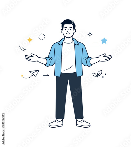 Confident Minimalist Illustration. Positive body signals. Confident stance with relaxed shoulders and open hands, calm self-assurance. Clean minimal background