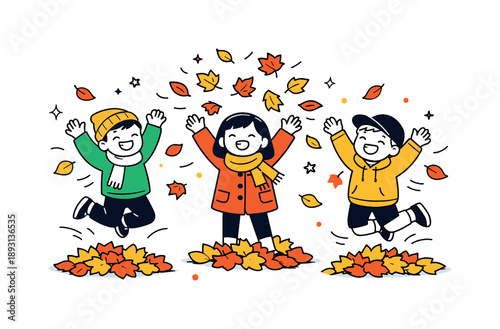 Autumn Leaf Adventure. Children playing in autumn leaves. Kids jumping and tossing colorful fallen leaves in a park, smiling and enjoying the crisp fall air.