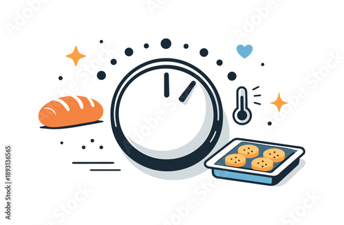 Baking in Progress. Cooking preparation moment. An oven knob paired with abstract food symbols like bread or a tray, suggesting baking in progress. The mood is
