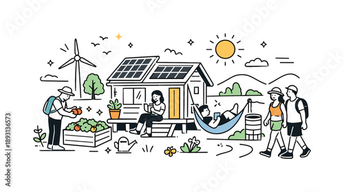 Eco-Lodge Serenity. Eco-lodge experience. Travelers enjoying a small sustainable accommodation with solar panels, gardens, and nature surrounding, highlighting