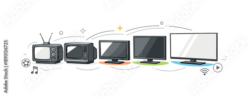 Television Evolution Art. Television technology progress. Stack of TVs evolving from bulky CRT to slim flat screens, smooth transition lines between devices.