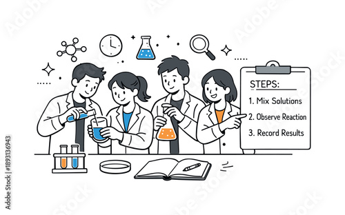 Collaborative Lab Experiment. Science lab group experiment. Team members carefully mixing liquids in beakers and pointing at simple instructions. Focused