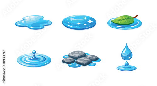 After Rain Icons. After rain. Isometric flat vector icons set of after rain: reflective puddle, sunlit water surface, leaf floating on water, small wave