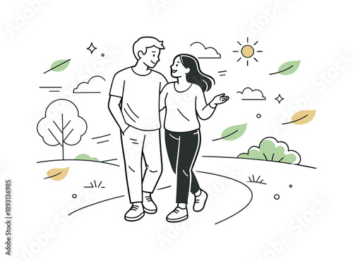 Couple's Park Stroll. Couples enjoying outdoor activities. A couple walks together in a park, talking and smiling while surrounded by nature. Relaxed