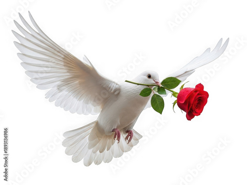 White dove carrying a single red rose in flight