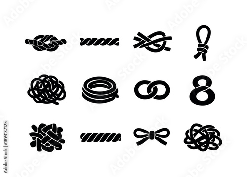 Knotted Shapes Icons. Knotted shapes. Solid icon set of Knotted shapes: rope knot, twisted cord, overlapping lines, loop tie, messy bundle, wire coil, double