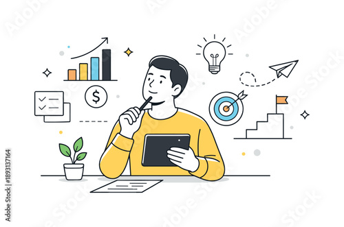 Entrepreneurial Progress Planning. Small business growth. An entrepreneur reviews charts and notes on a tablet, thinking about progress and next steps. Calm