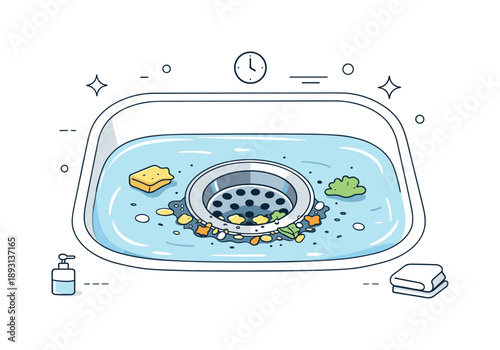Clogged Sink Illustration. Clogged sink drain. Sink with standing water and visible debris near the drain, quiet everyday household issue. Clean editorial