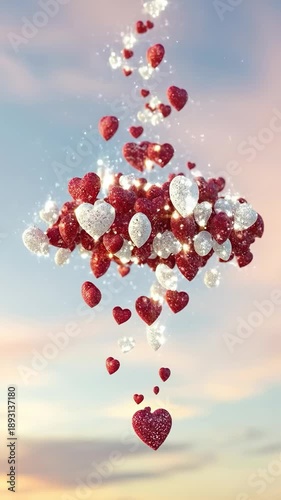 A cluster of red and white glittery hearts floating in a soft pastel sky at sunset, romantic 3D illustration of love and celebration