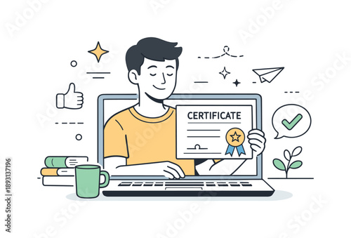 Online Course Completion. Online learning achievement. Learner receiving a certificate on screen with a calm smile. Feeling of accomplishment after completing