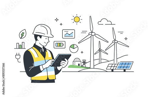Renewable Energy Technician. Wind farms and renewable energy sources. A technician reviewing energy data on a tablet while wind turbines operate in the