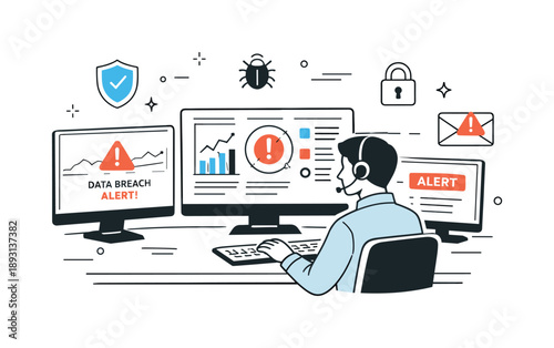 Cybersecurity Alert Monitoring. Data breach detection. A cybersecurity analyst monitoring computer screens with alerts and graphs, identifying unusual activity