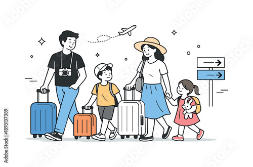 Family Vacation Journey. Airport travelers family trip. Family group moving together with suitcases, calm expressions and gentle interaction. Shared journey