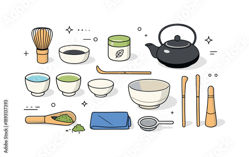 Minimalist Tea Ceremony. Tea ceremony preparation objects. Tea utensils displayed in an orderly flat lay, focusing on simplicity, tradition, and quiet ritual.