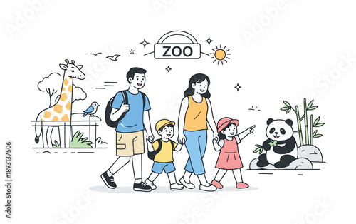 Family Zoo Adventure. Zoo outing with kids. Family members smiling and enjoying a relaxed walk through the zoo. Quality time, curiosity, and simple joy