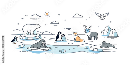 Arctic Wildlife Serenity. Arctic wildlife and survival in cold environments. A wide icy landscape with animals scattered across snow and ice, vast space and