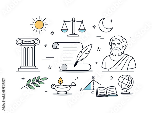 Classical Wisdom Illustrations. Ancient philosophical motifs. Illustrations of Greek columns, scrolls, and symbolic objects representing classical philosophy