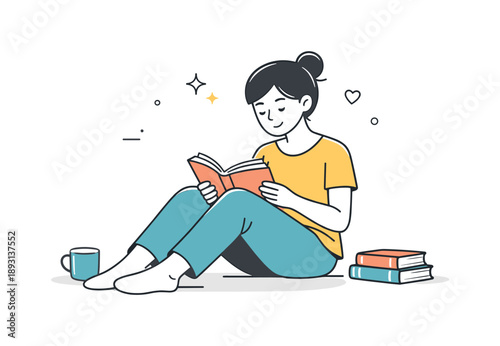 Serene Book Moment. Quiet reading time. A character enjoying a book in a relaxed pose, free from distractions. Calm focus and mindful pause in a