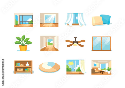 Airy Interior Icons. Airy interior. Colorful flat vector icons set of airy interior: open room, wide light, flowing curtains, subtle tones, indoor plant, clear