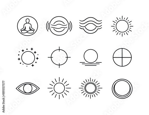 Spiritual Circle Icons. Sacred circle. Line icon set of spiritual circle motifs: meditation circle, breath circle, energy ripple, aura ring, healing circle,