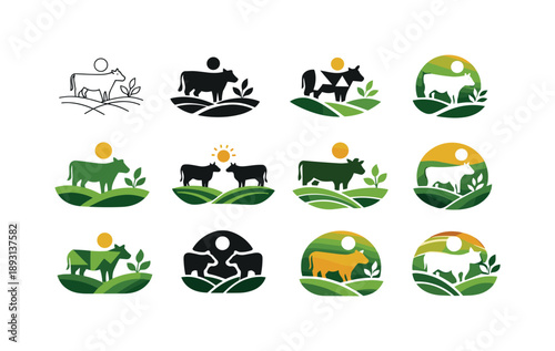 Eco Farming Logos. Eco farming. Icon set. Set Logo of eco farming: regenerative pasture animal. harmonious logo variations of the same emblematic concept, each