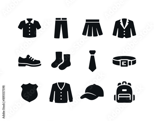 Uniform Items Icons. Uniform replacement items. Solid icon set of uniform replacement items: new shirt, new pants, new skirt, new blazer, new shoes, new socks,