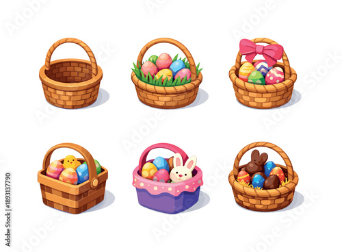 Colorful Easter Baskets. Easter Baskets. Isometric flat vector icons set of Easter Baskets: classic wicker basket, basket with eggs and grass, basket with