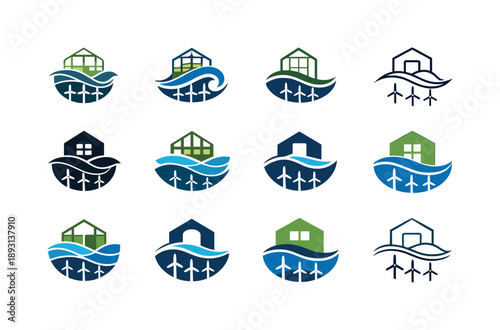 Urban Farming Logos. urban farming riptides. Icon set. Set Logo of urban farming riptides: tidal energy greenhouse. harmonious logo variations of the same