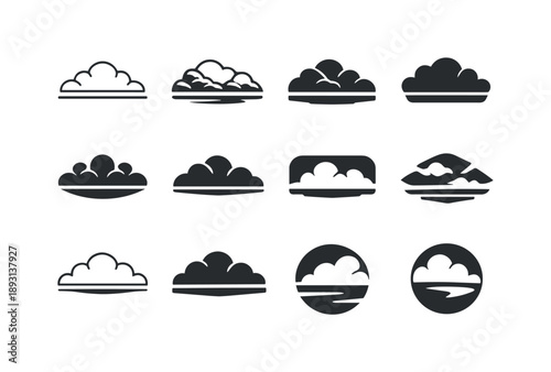 Cloudy Emblem Variations. Cloudy Sky. Icon set. Set Logo of Cloudy Sky: overcast sky horizon. harmonious logo variations of the same emblematic concept, each