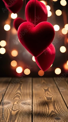 Romantic Red Hearts Hanging Over a Rustic Wooden Table Background for Valentines Day and Love Celebrations