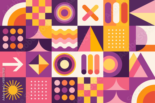 Patrón geométrico abstracto vectorial con módulos gráficos y colores vibrantes