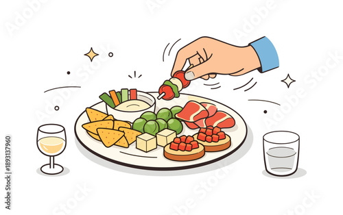 Appetizer Tasting Moment. Appetizer plate ? tasting moment. Person reaching for a bite from an appetizer plate, relaxed and casual dining interaction. Gentle