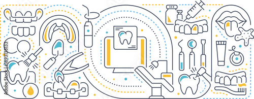Dentistry and Oral Health Treatment Icons Set – Line Art Vector Illustration