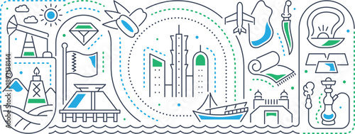 Qatar Travel Landmarks and Cultural Symbols Set – Line Art EPS Vector Illustration