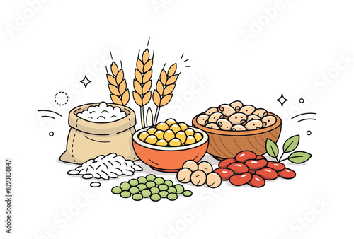 Grains and Legumes Still Life. Grains and legumes still life. Close-up view of textured grains and beans arranged with plenty of white space. Simple and modern